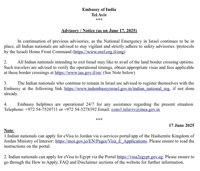 The Indian Embassy in Israel issues an advisory for Indian Nationals intending to exit Israel