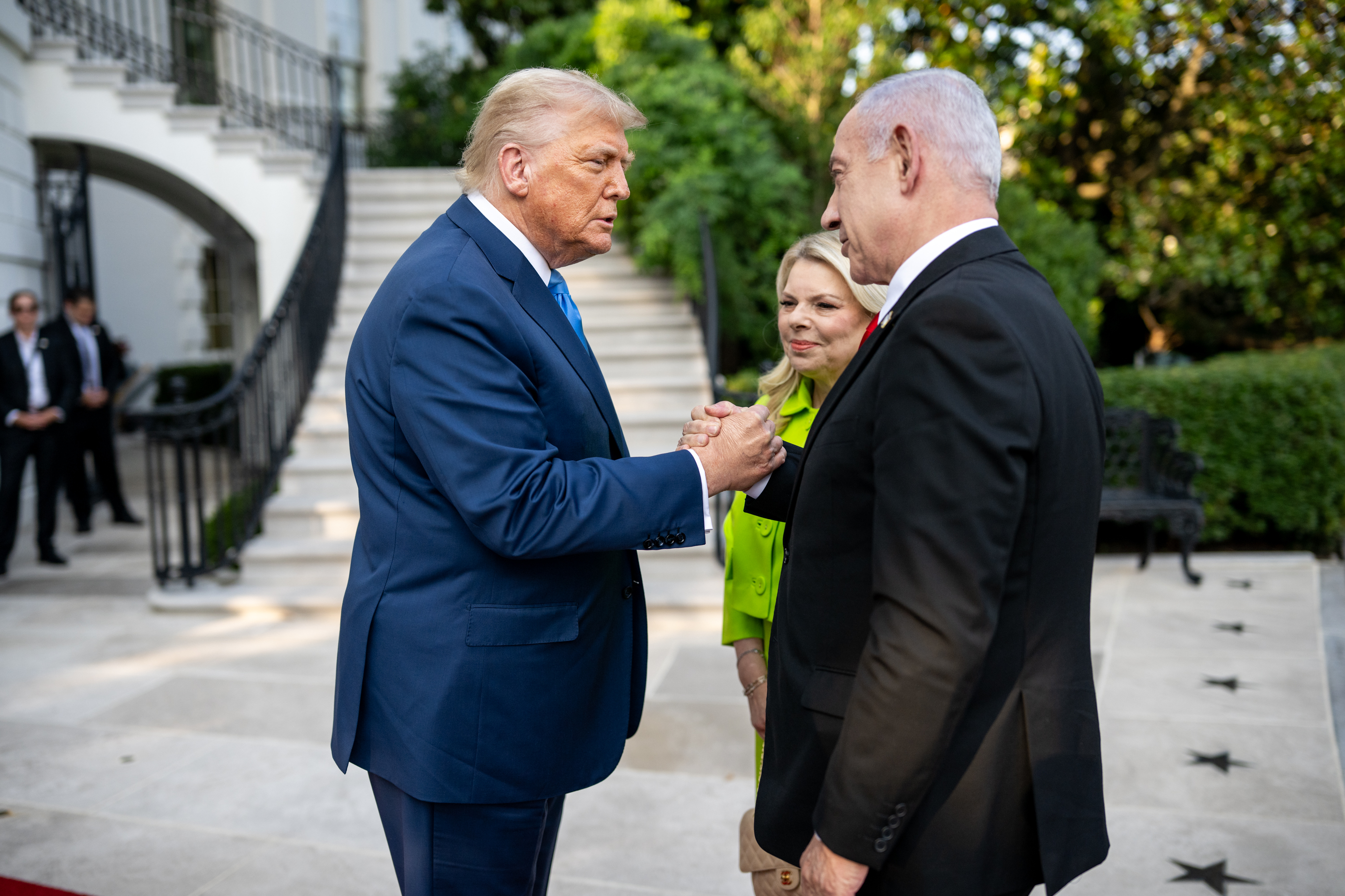 Israel Prime Minister Benjamin Netanyahu welcomed at the White House by US President Donald Trump.
