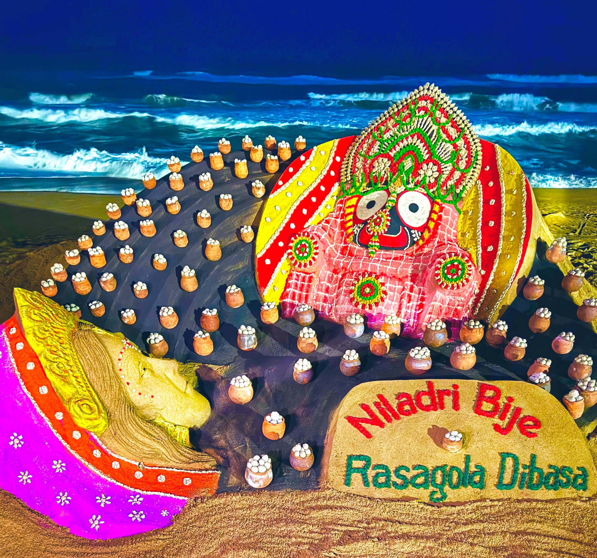 Renowned sand artist Sudarsan Pattnaik creates a ‘Sweet’ Sand Art to celebrate Niladri Bije and Rasgulla Day in Odisha