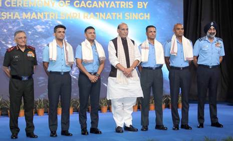 Defence Minister Rajnath Singh felicitates Gaganyatris – Gp Capt Shubhanshu Shukla, Gp Capt PB Nair, Gp Capt Ajit Krishnan & Gp Capt Angad Pratap in New Delhi