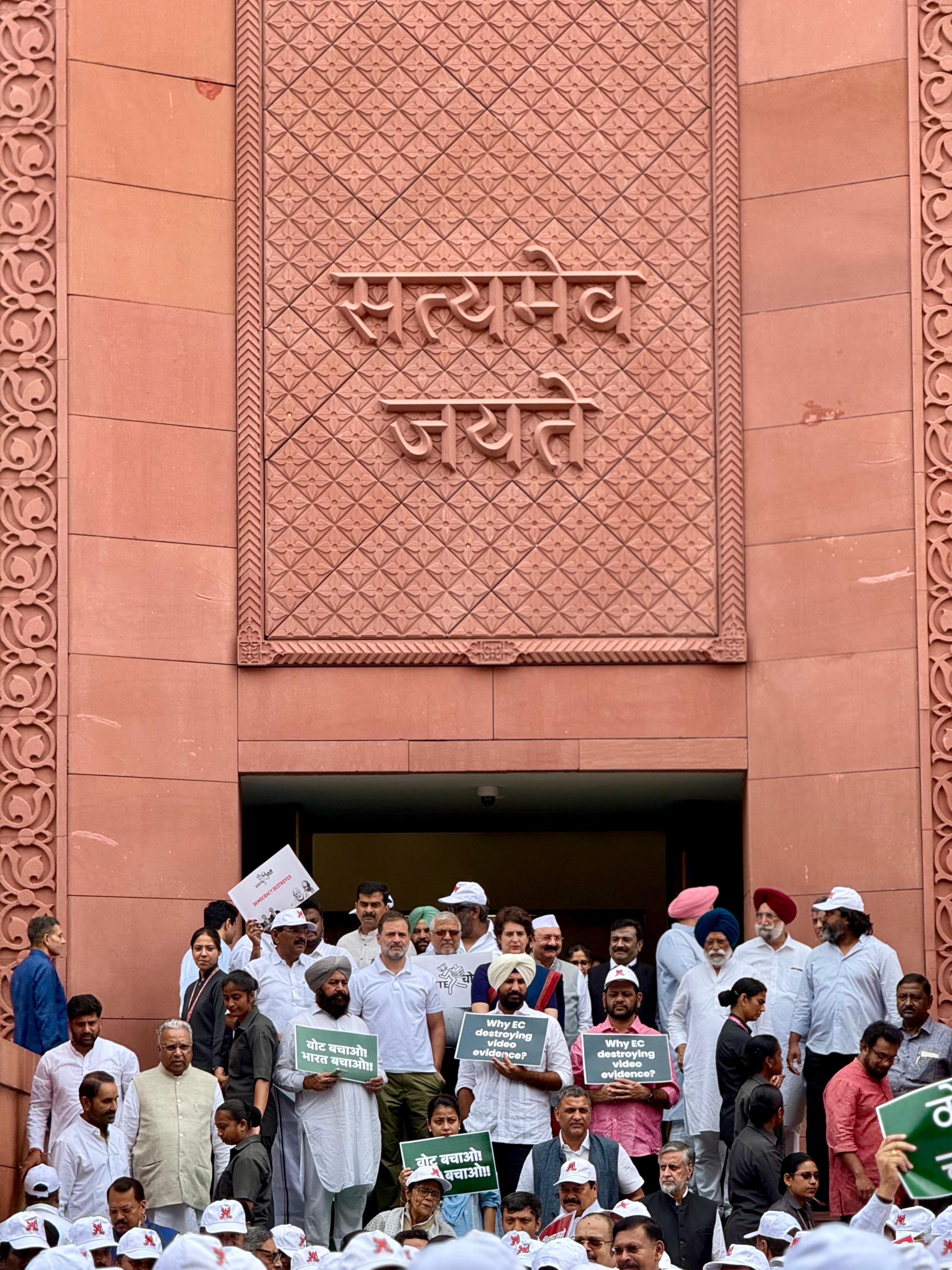 Lok Sabha & Rajya Sabha Opposition MPs march from Makara Dwar in Parliament to Nirvachan Sadan